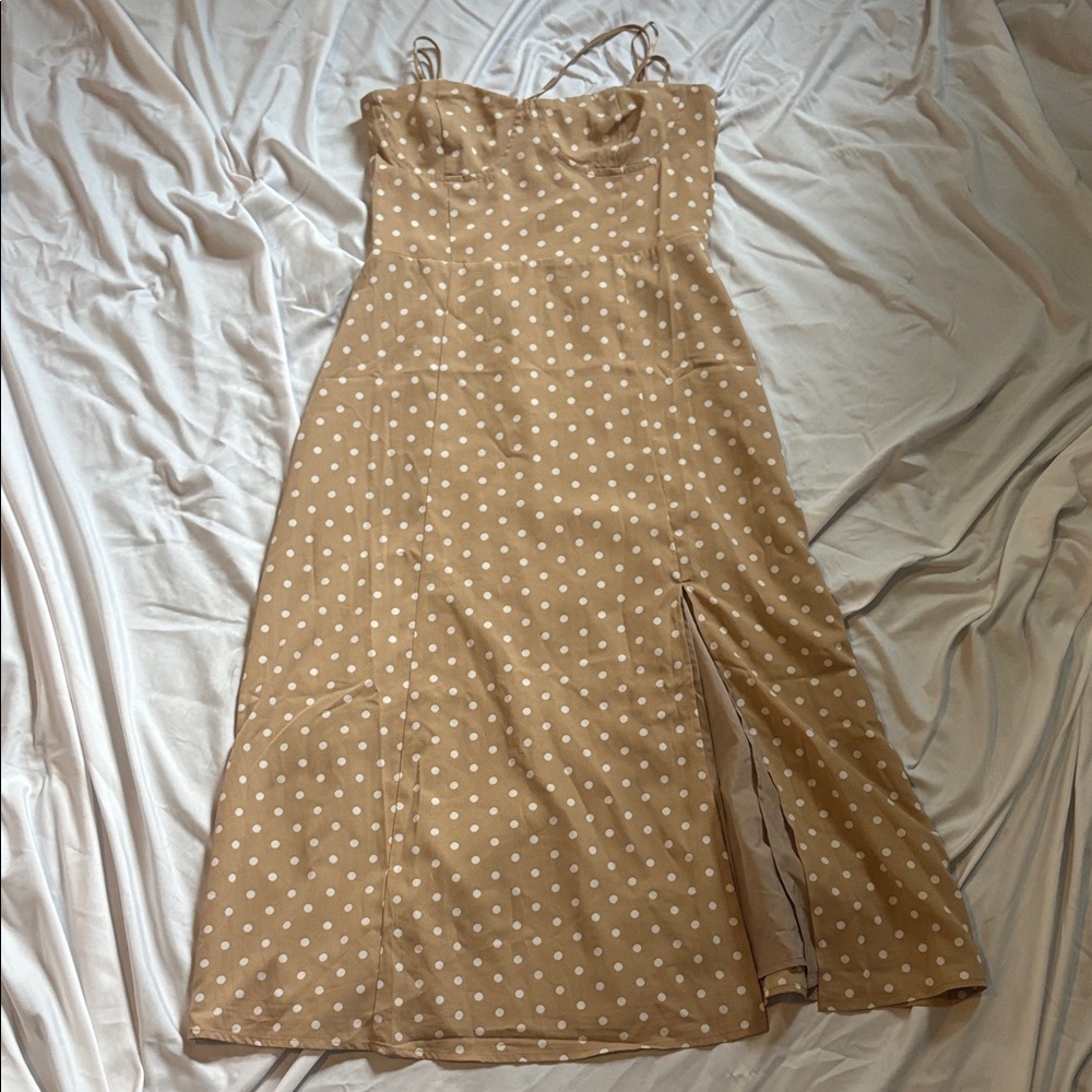 ✨New Listing✨ Francesca’s Elegant Tan Polka Dot Dress